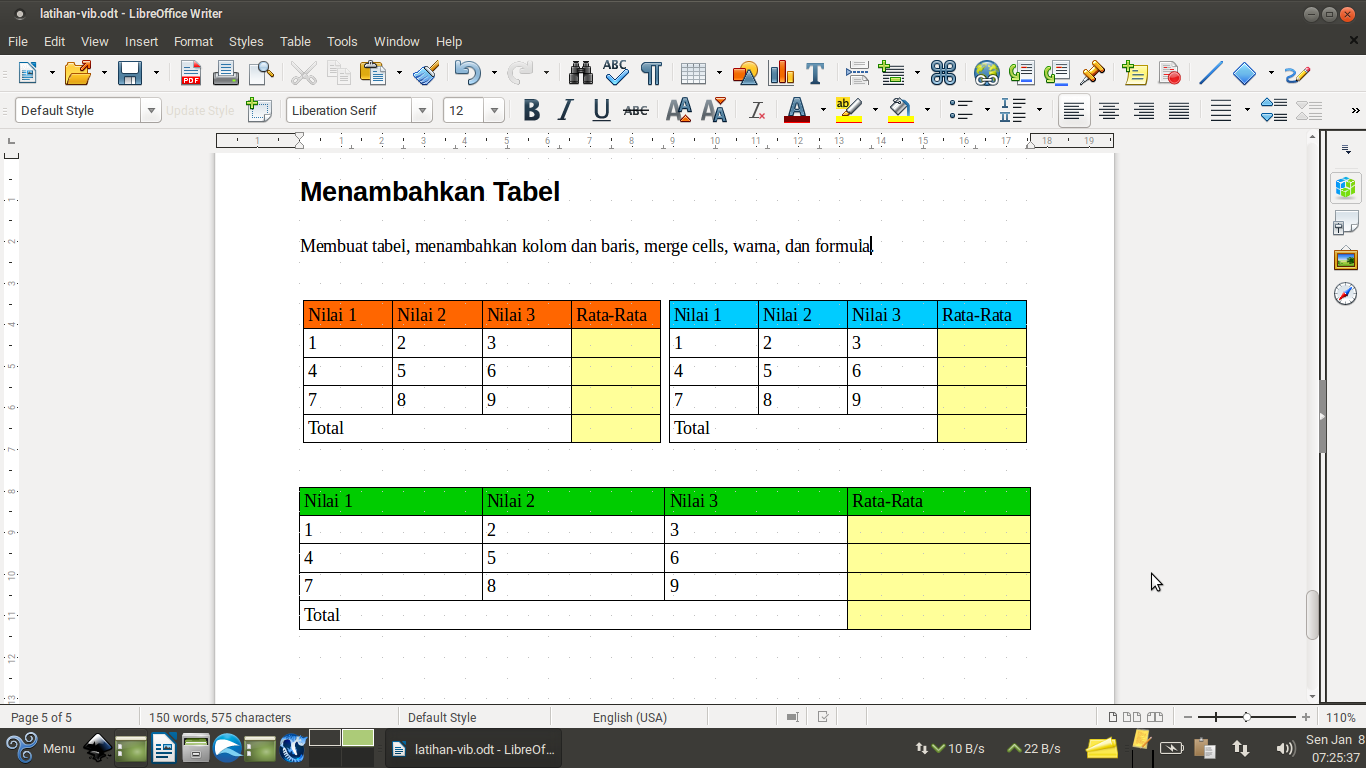 Latihan LibreOffice Writer VI - Membuat tabel